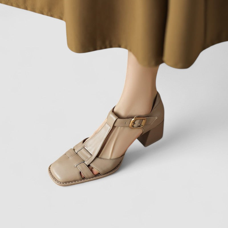 Elyxiana | Orthopedic T-Strap Block Heels Beige