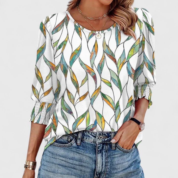 Solara | Elegant Smocked Top Colorful Leaves