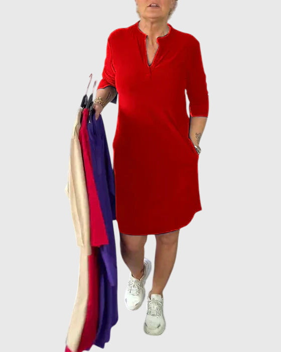 Katherine | Solid V-Neck Dress Red