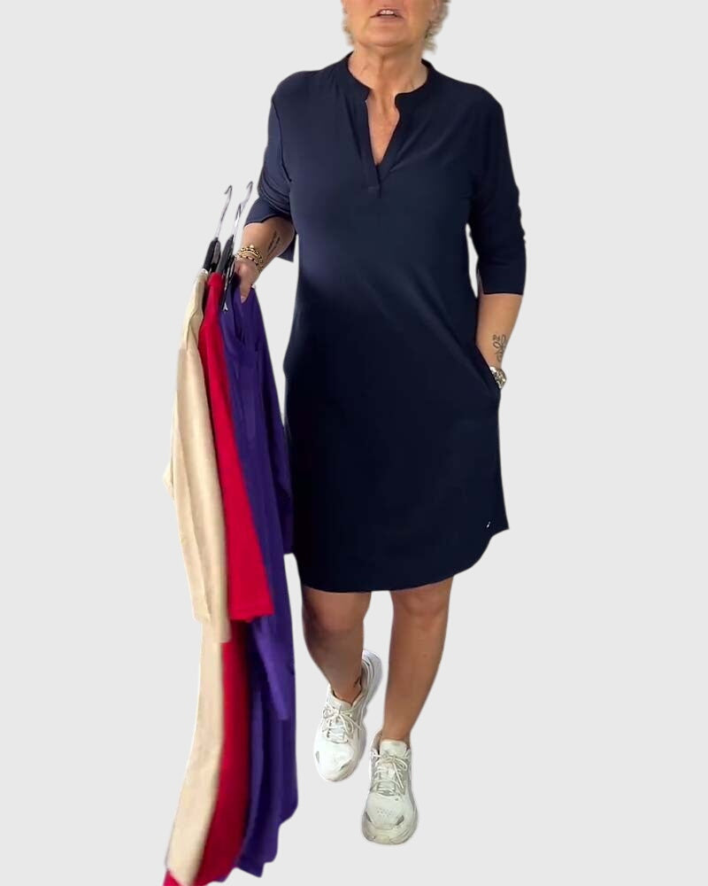 Katherine | Solid V-Neck Dress Dark Blue