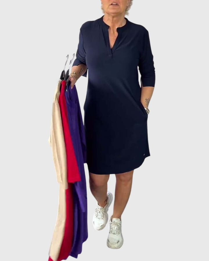 Katherine | Solid V-Neck Dress Dark Blue